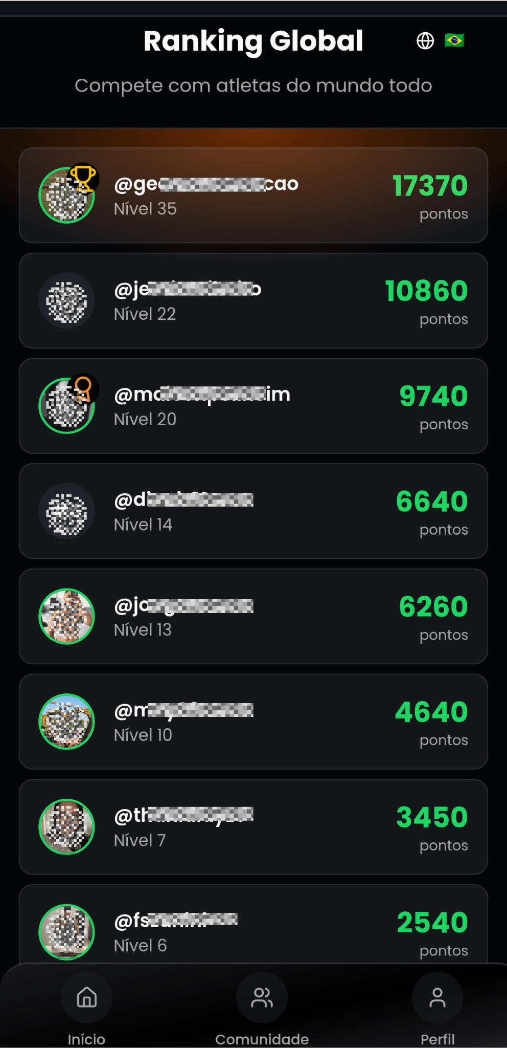 Ranking semanal das mulheres no FitQuest