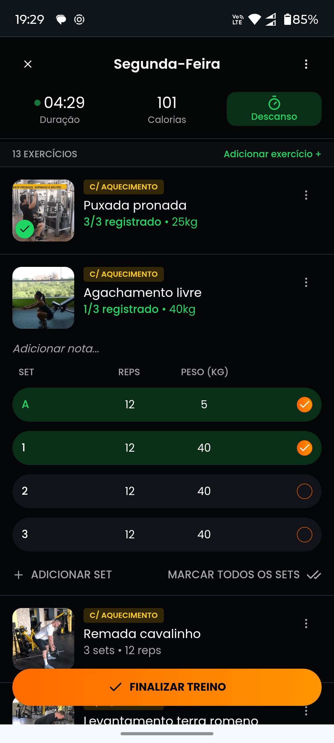 Treino de segunda no app FitQuest